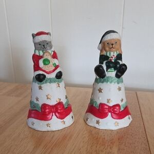 Festive Ceramic Dog & Cat Holiday Bell Figurines - Red, White, Green